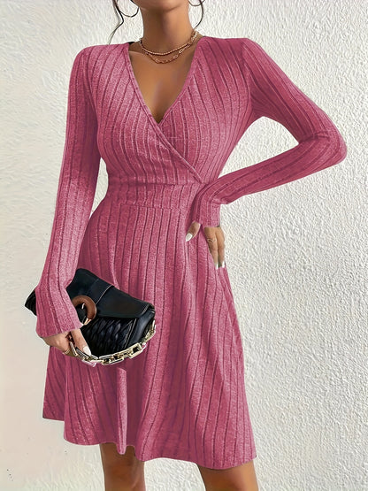 Plus Size Solid Ribbed Dress - Flattering Casual Style with Surplice Neck and Long Sleeve - Designed for Curvy Women, Plus Size Range