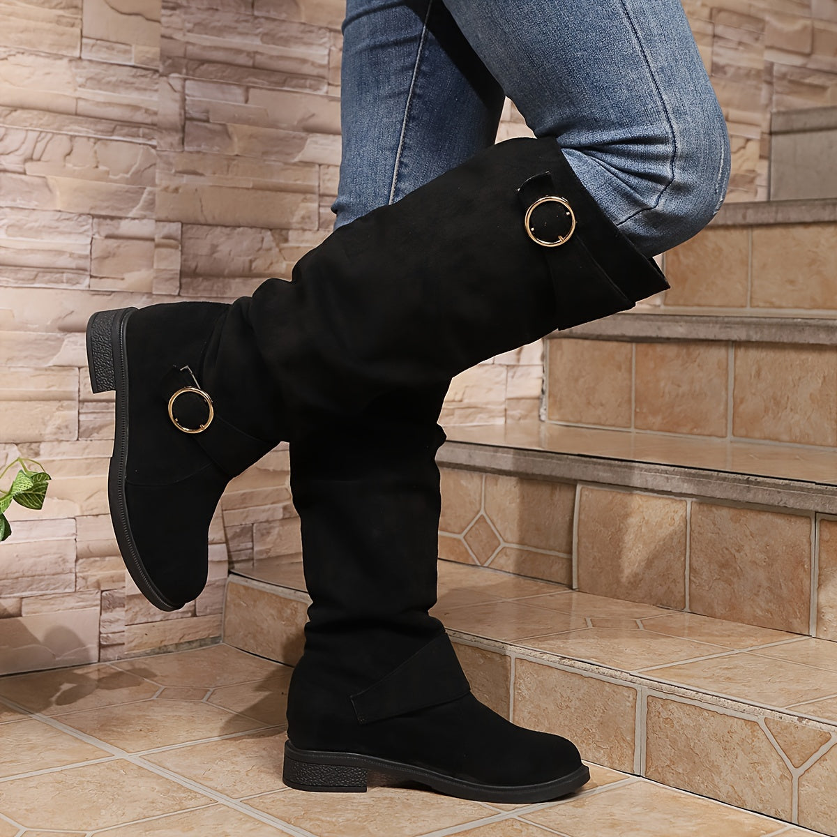 Trendy Solid Color Boots - Knee-High, Buckle Belt, Pull On, Chunky Heel, High Knee, Winter, Round Toe, Slouchy, Comfortable Boots for Women - LuxyXO