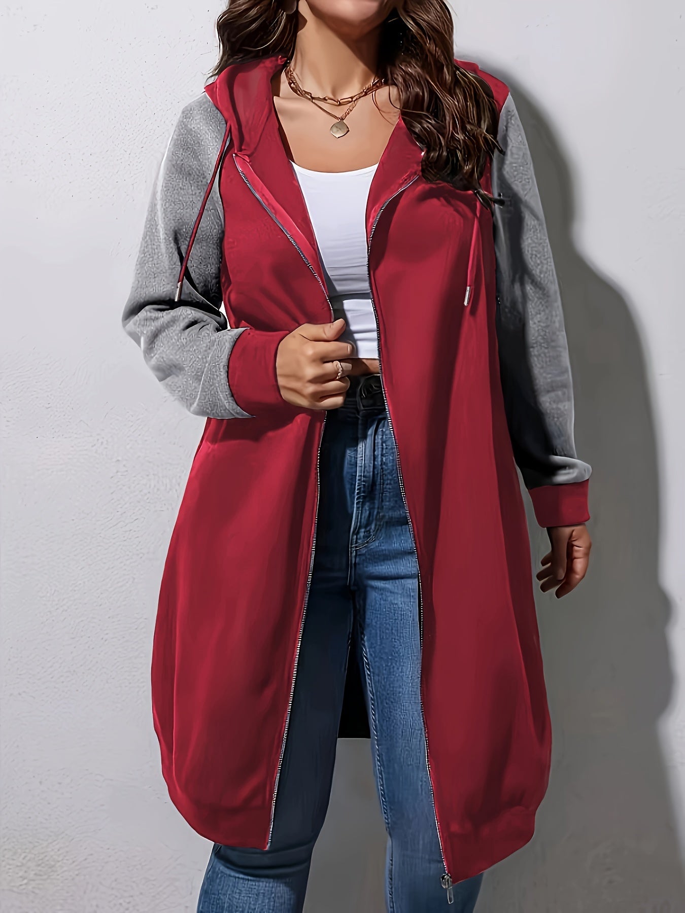 Plus Size Color Block Hooded Coat, Casual Drawstring Zipper Front Long Sleeve Outerwear For Fall, Women's Plus Size Clothing