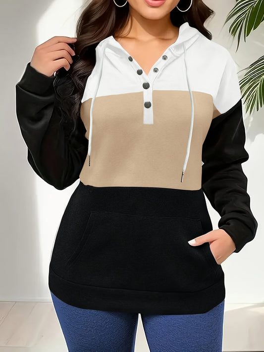 Casual Color Block Hoodie with Button Detail - Long Sleeve, Drawstring