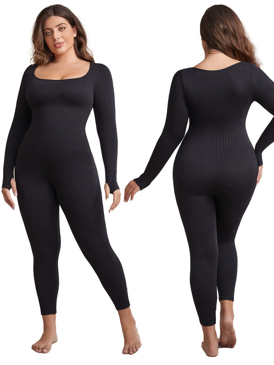 Plus Size Seamless Yoga Bodysuit - High Stretch, Long Sleeve, Solid Color Activewear Jumpsuit