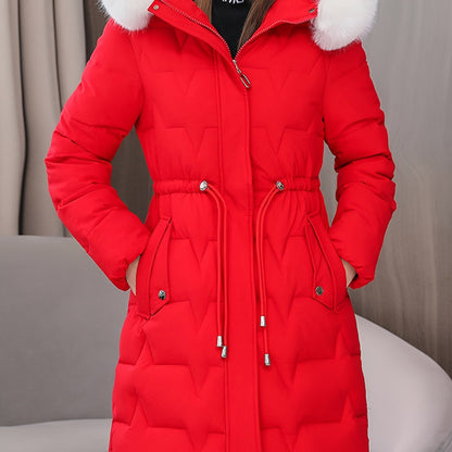 Elegant Women's Winter Coat with Detachable Hood - Long, Warm Puffer Jacket with Faux Fur Trim & Drawstring Waist