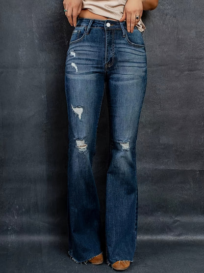 Stylish plus size high-rise flared leg jeans with washed ripped raw trim, button fly, and high stretch denim for curvy women.