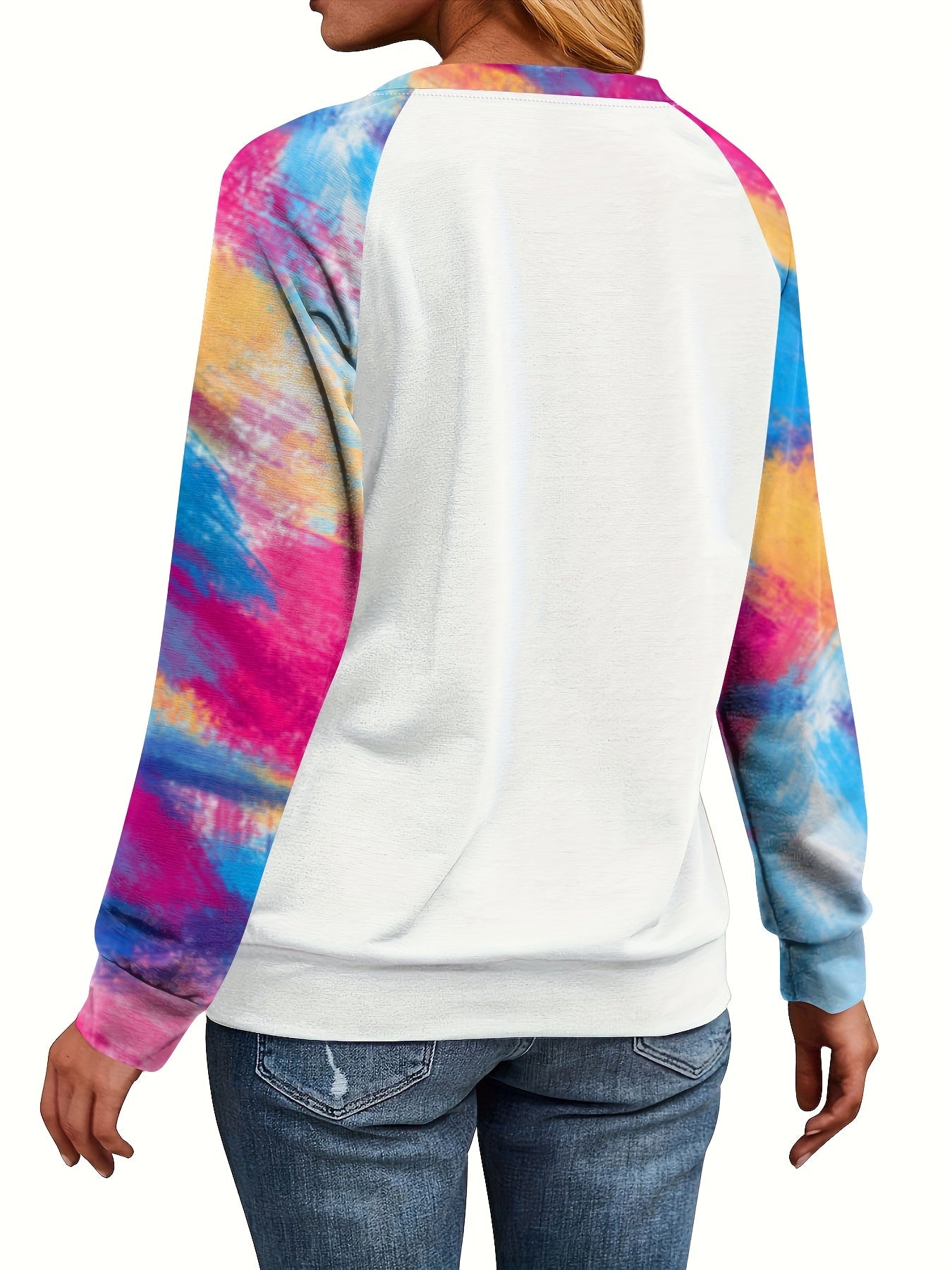 Christmas Colorful Tree Print Sweatshirt, Cute Color Block Crew Neck Sweatshirt, Women's Clothing