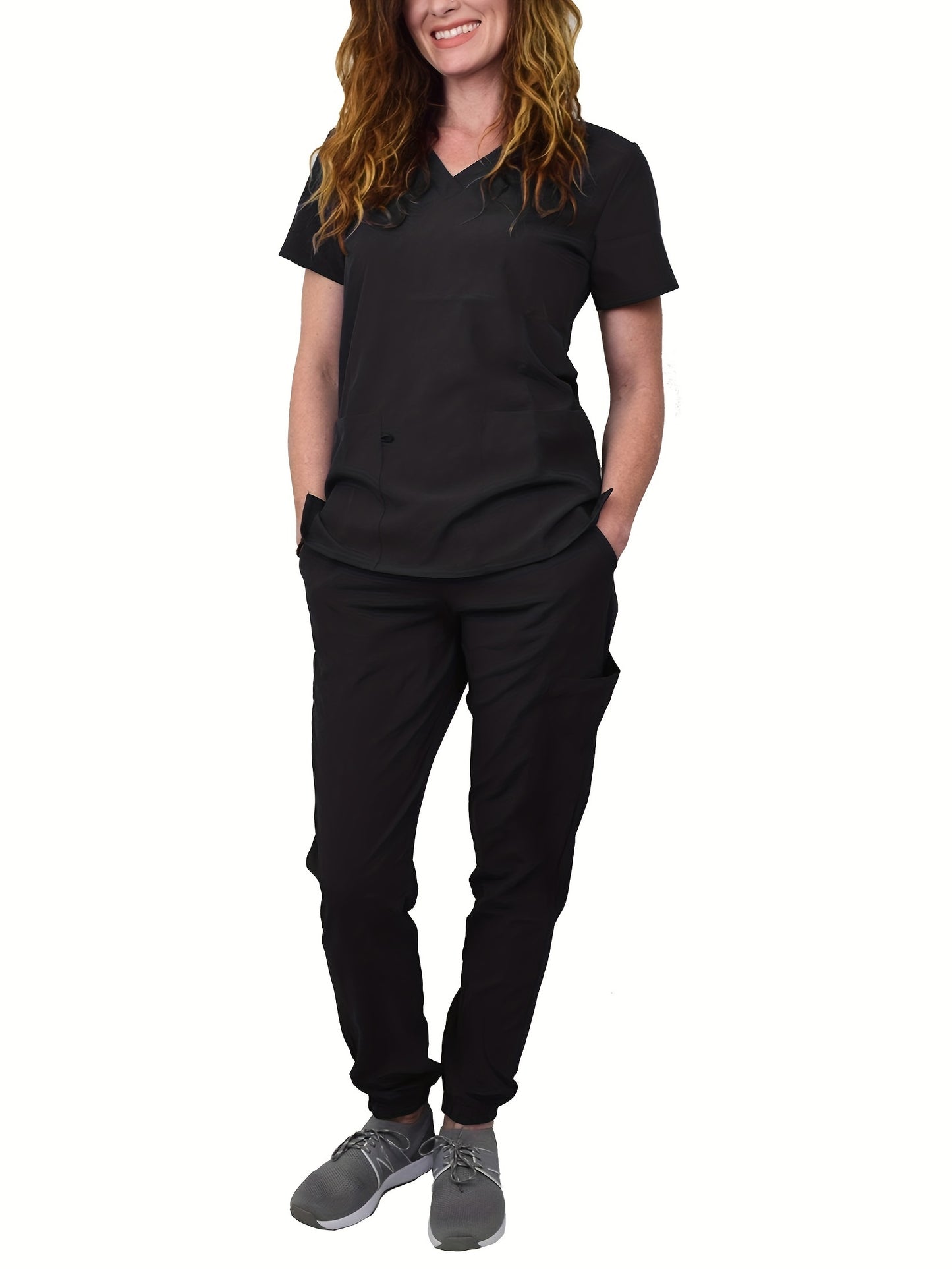 Womens Solid Color Short Sleeve V Neck Scrub Set - Comfortable & Stylish Two-Piece Outfit for Medical & Health Care Professionals - Lightweight, Everyday Wear, Easy-Fit Pants