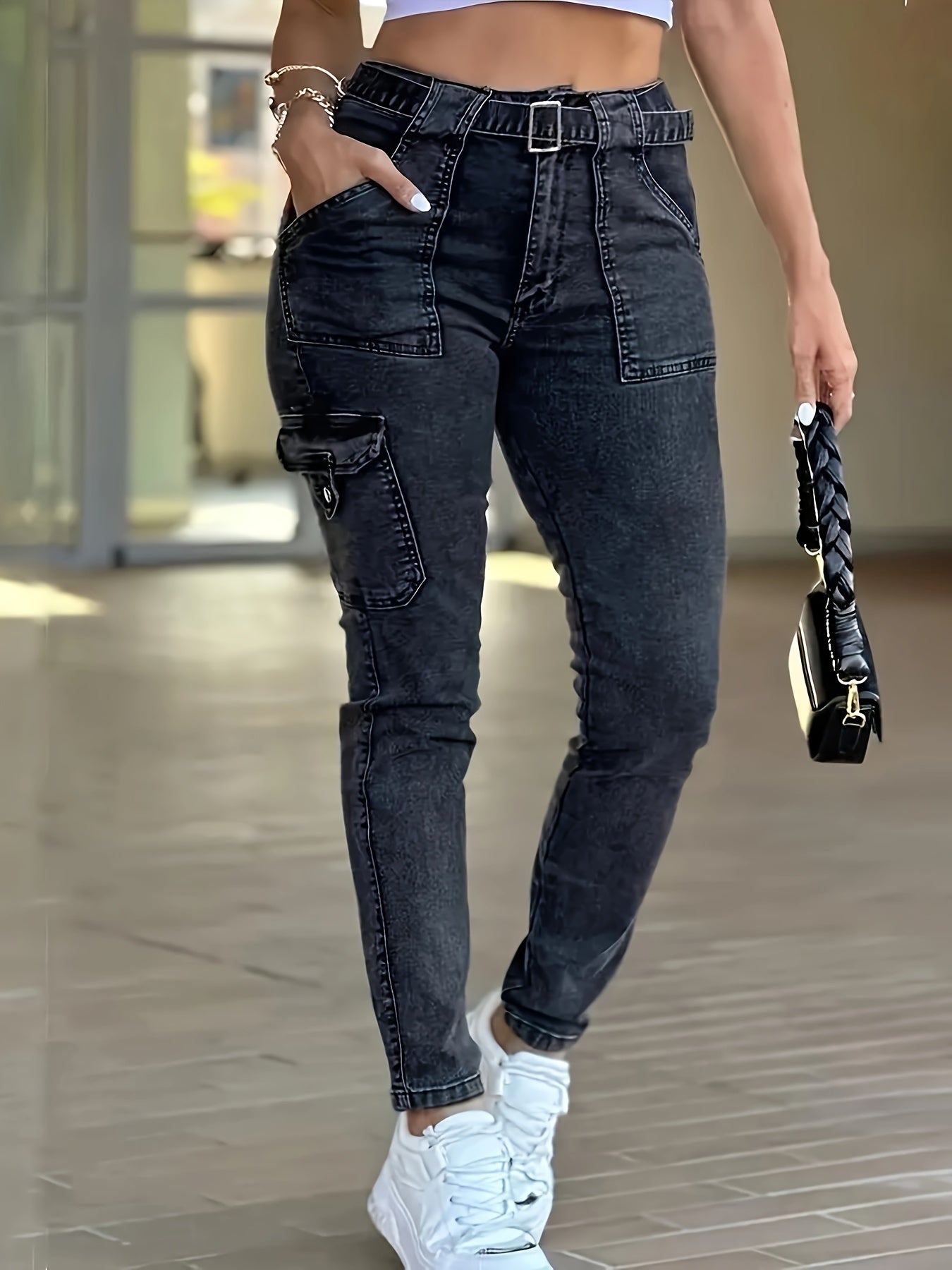 Pantalones vaqueros ajustados con cinturón y bolsillos laterales de talla grande, sexys, de color negro liso, jeans y ropa de mujer