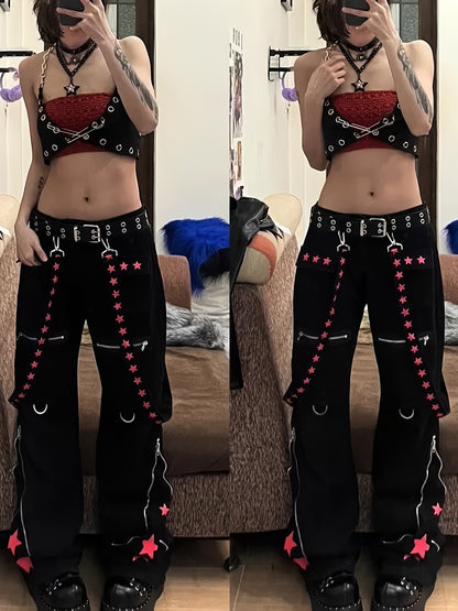 Women'S Y2k Gothic Punk Wide Leg Pants, Cotton Blend, Sexy Solid Color, with Chain Detail, for All-Season Woven Workwear Trousers