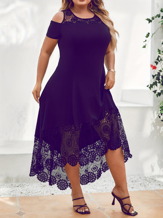 Plus Size Elegant Crew Neck Asymmetrical Hem Party Dress - Solid Contrast Lace Panel, Cold Shoulder, Medium Stretch, Wedding, Evening, Occasion, Engagement, Ceremony Ready - Flattering Fit, Chic Design, Comfortable Wear