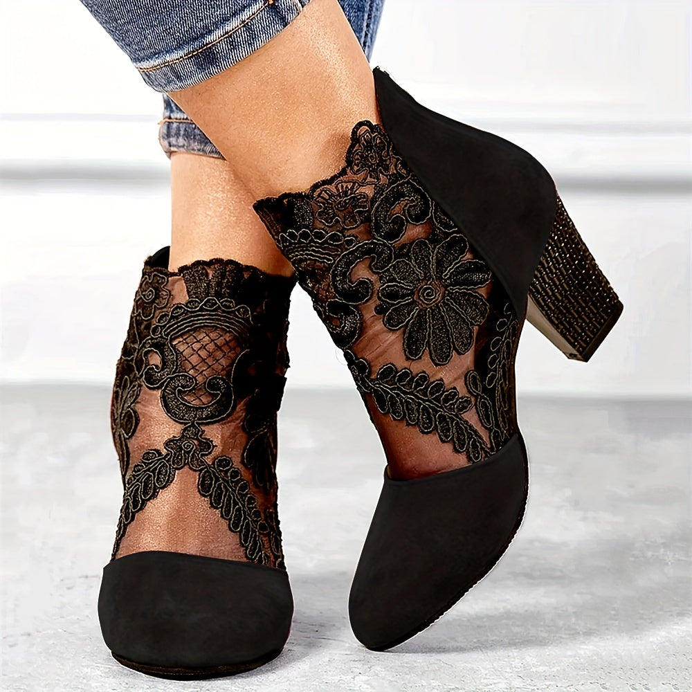 Stunning Floral Lace Ankle Boots - Chic Pointed Toe, Chunky High Heel, Versatile, Fashionable, Comfortable, and Perfect for Various Occasions - Ideal for Women Who Want to Elevate Their Style - LuxyXO