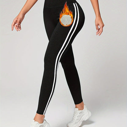 Elastic Waist Leggings with Side Stripes and Fleece Lining - Casual Slim Straight Long Pants with Slight Stretch