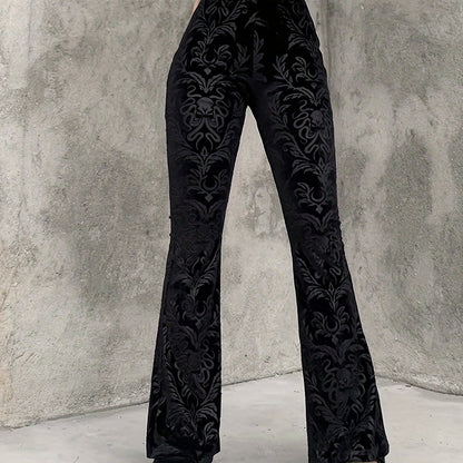 Gothic Floral Print High Waist Pants, Elegant Flare Leg Pants, Women's Clothing