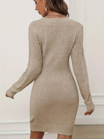 Cable Knit Long Sleeve Dress, Elegant Solid Color Crew Neck Slim Sweater Dress