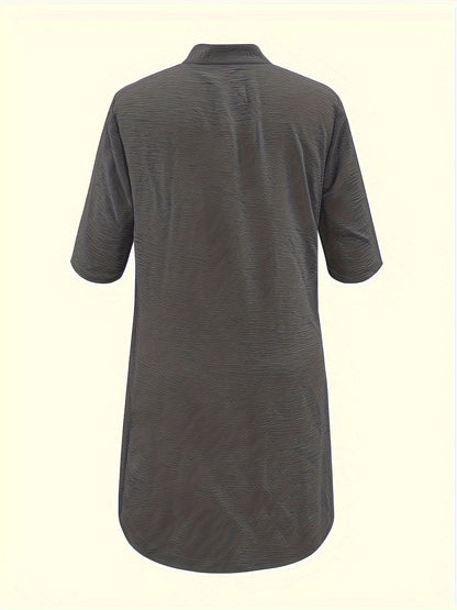 Midi Plus Size Elegant Shirt Dress - Stand Collar, Button-Up, Non-Stretch Polyester Fabric, Solid Color, Casual Weekend Wear, Machine Washable, No Belt or Chest Pad