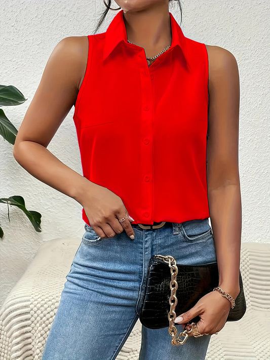 Blusa elegante con botones en la parte delantera y cuello de talla grande - Blusas de talla grande para primavera y verano - Top informal sin mangas con ajuste cómodo para mujer