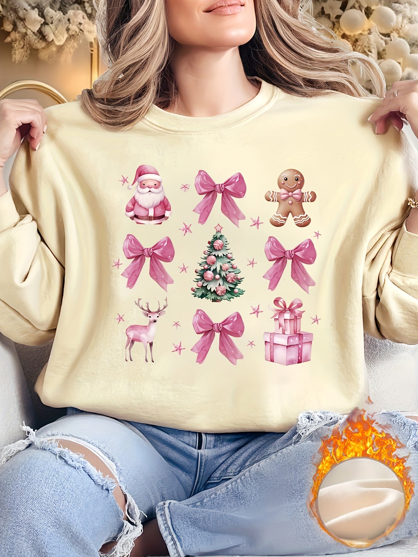 Cozy Fleece-Lined Christmas Santa Claus & Bow Print Sweatshirt for Women - Casual Crew Neck, Long Sleeve Pullover with Kangaroo Pocket, Machine Washable Polyester Blend, Perfect for Fall/Winter