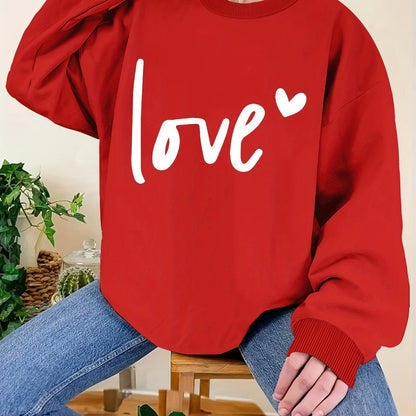 Plus Size Love Print Sweatshirt, Casual Long Sleeve Crew Neck Pullover Sweatshirt