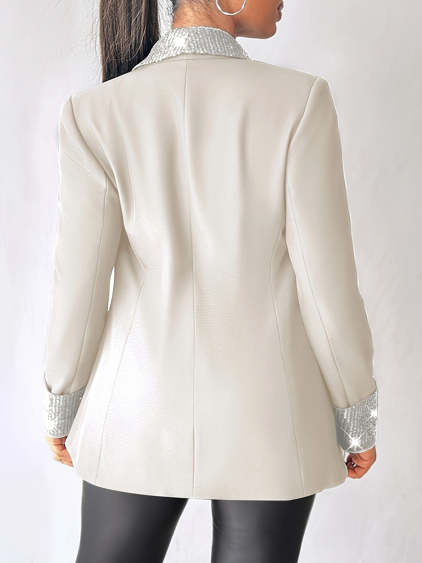 Elegante chaqueta tipo blazer con cuello chal y lentejuelas, manga larga, corte regular, prenda exterior tejida para todas las estaciones con detalle en contraste