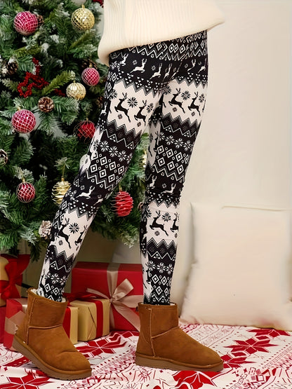 Leggings con estampado navideño estilo Y2K para mujer: tejido de punto de poliéster, pantalones cortos con cintura elástica y corte entallado en color zanahoria con elasticidad media, pantalones ajustados para todas las estaciones