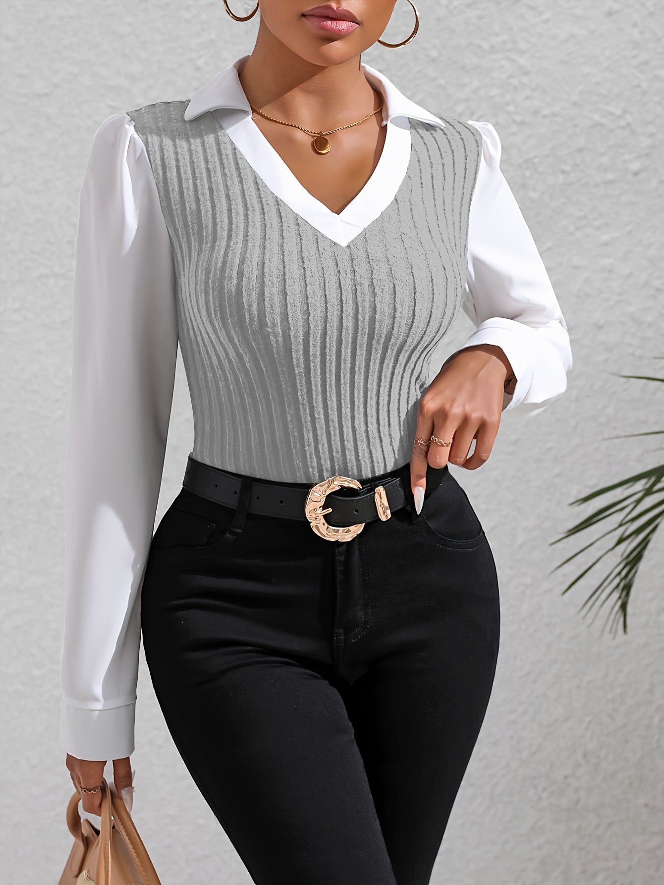 Chic Color Block Blouse with Faux Twinset - Trendy Lapel Collar & Long Sleeves - Ideal for Spring & Fall - Womens Casual Fashion Essential