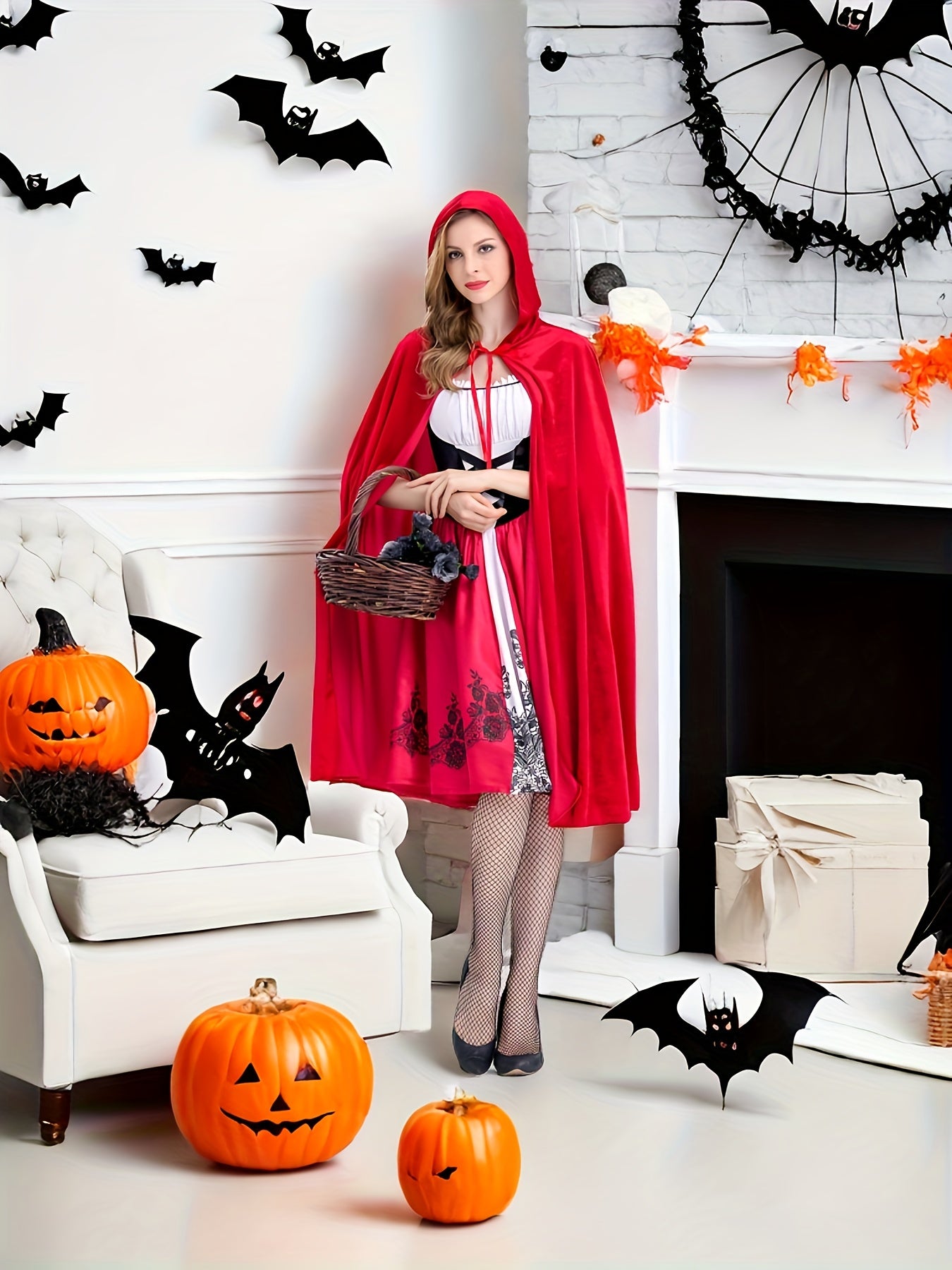 Women's Spooky Red Riding Hood Cosplay Dress - Long Sleeve, Flowy, Cape Cloak, Hooded, Zipper Back, High-Quality Costume Clothings for Halloween Party, Role-Playing, and Photography