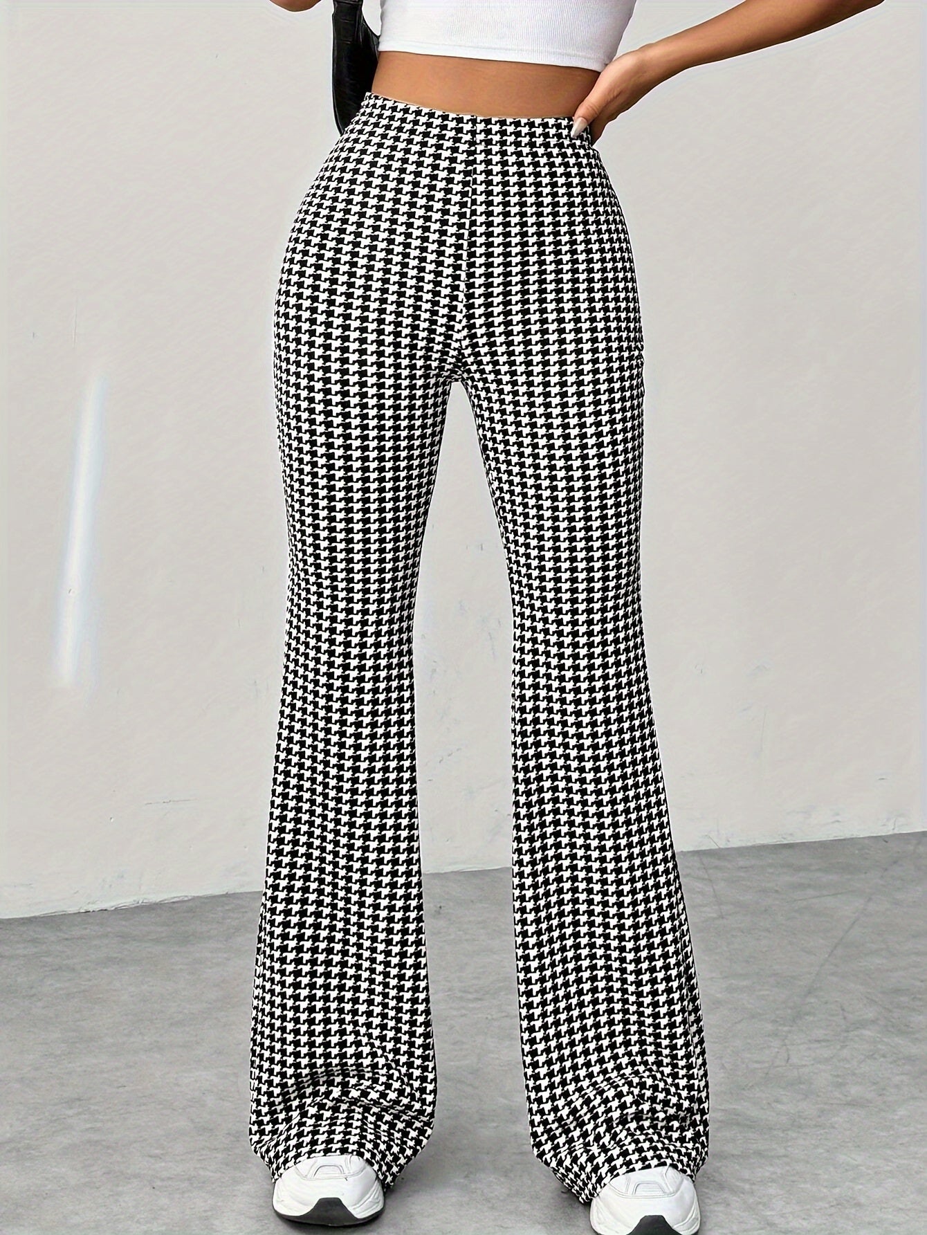 Stylish Houndstooth Flare Leg Pants