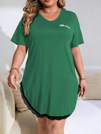 Women's Plus Sexy Lounge Dress, Plus Size Sheer Heart Mesh Lace Trim Short Sleeve Curve Hem Sleep Dress