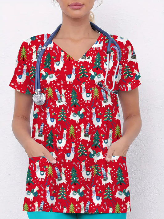 Plus Size Women's Festive Christmas V-Neck Scrub Top - Soft Stretchy Polyester Blend, Machine Washable, Casual Short Sleeve with Pockets for Comfortable Workwear