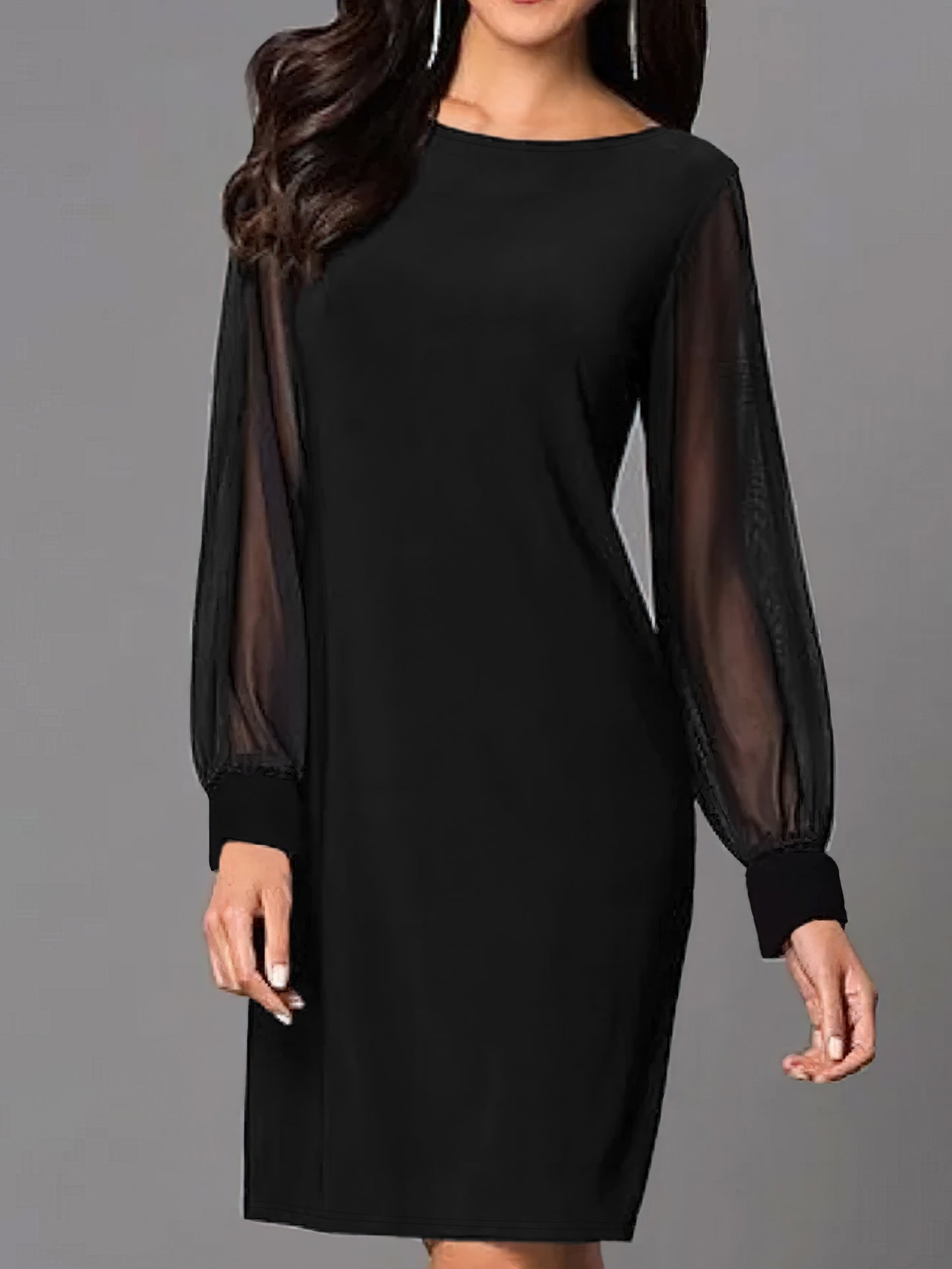 Vestido ajustado con costuras de malla y mangas largas elegante de talla grande: transpirable, cómodo y elegante para primavera y otoño: ropa de talla grande para mujer con silueta que abraza las curvas