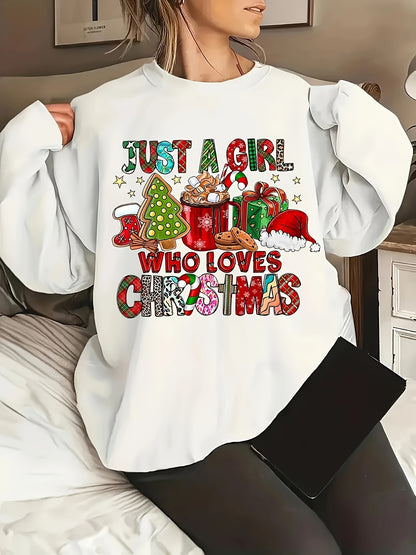 Cozy Women's Christmas Print Crew Neck Long Sleeve Sweatshirt for Casual Wear