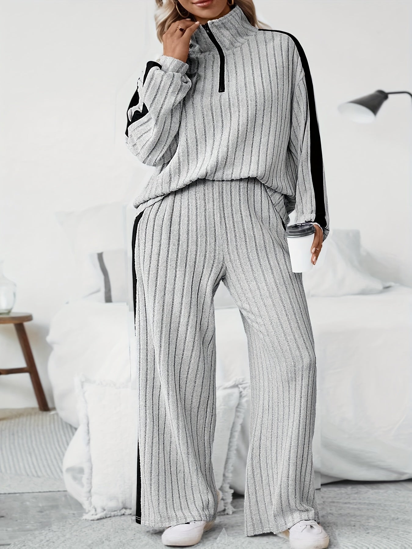 Plus Size Side Striped Ribbed Sweatshirt Set, Casual Half Zip Long Sleeve Sweatshirt & Wide Leg Pants Outfit