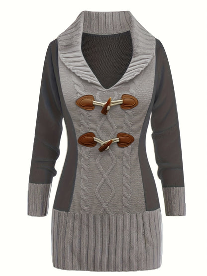 Plus Size Chic Cable Knit Sweater Dress - Fashionable Colorblock, Horn Button Detail