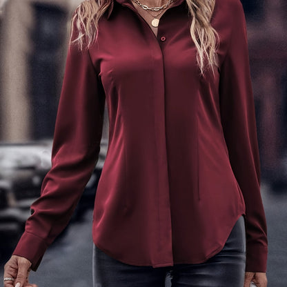 1 camisa elegante con dobladillo curvo e invisible con botones para mujer, cuello de solapa informal