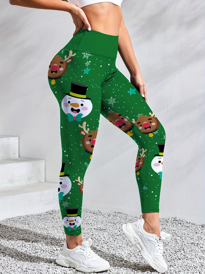 Women'S High-Waisted Yoga Leggings, Christmas Cartoon Snowman & Reindeer Print, Quick-Dry Breathable Fabric, Stretchy Polyester, Color Block Detail, Regular Fit, All-Season Fitness Wear