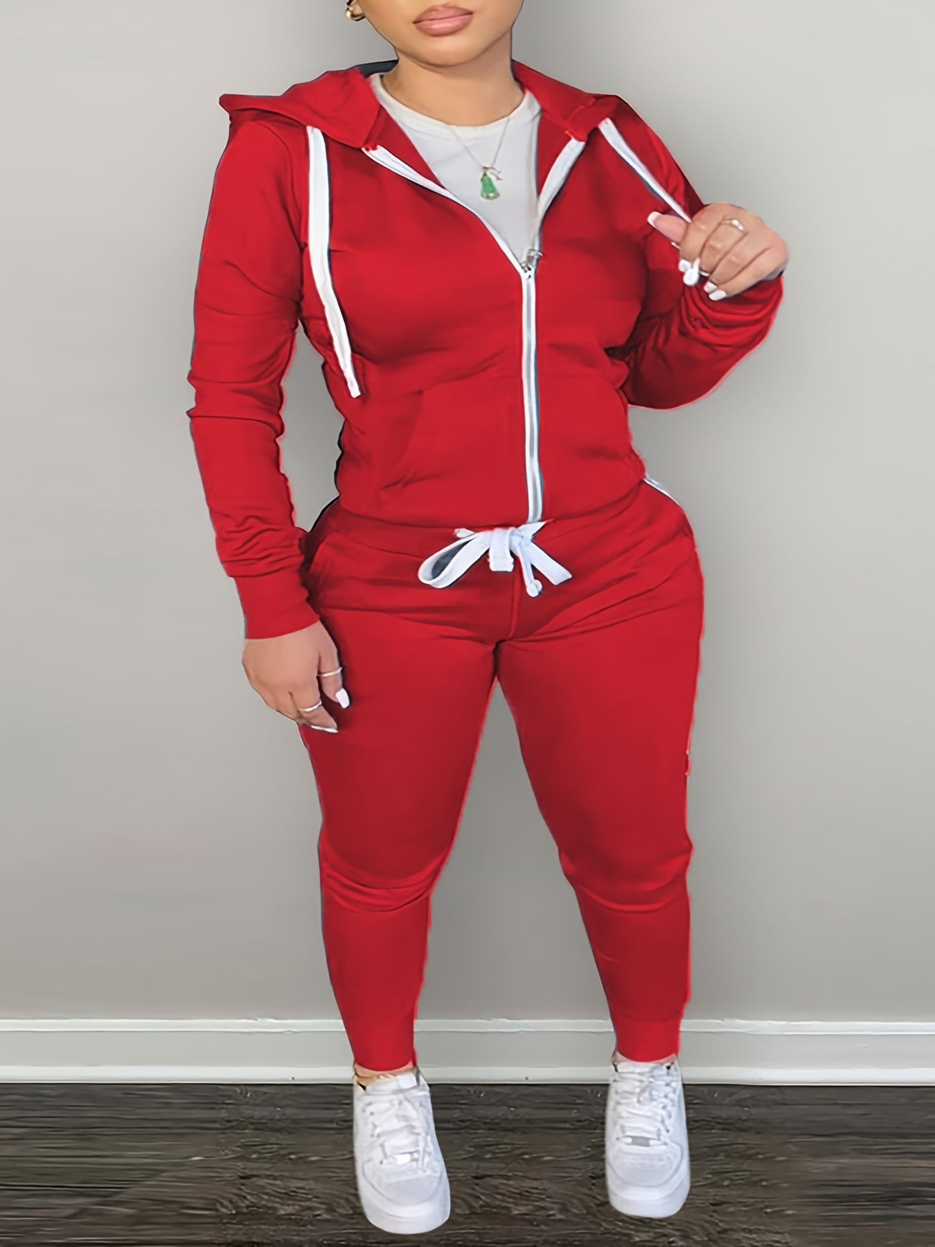 Plus Size Two Piece Outfit Set - Vibrant Solid Color, Cozy Long Sleeve, Adjustable Drawstring, Convenient Zipper Closure