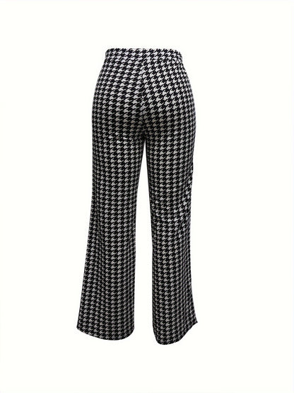 Stylish Houndstooth Wide-Leg Pants for Women - All-Season Comfort with Cross Tie Detail, Durable & Easy Care