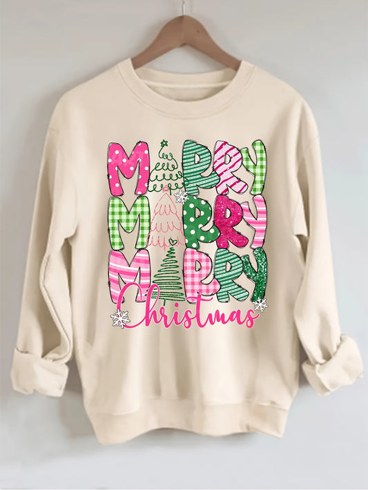 Sudadera con estampado festivo de árbol de Navidad para mujer: cuello redondo informal, manga larga, mezcla de poliéster suave, lavable a máquina