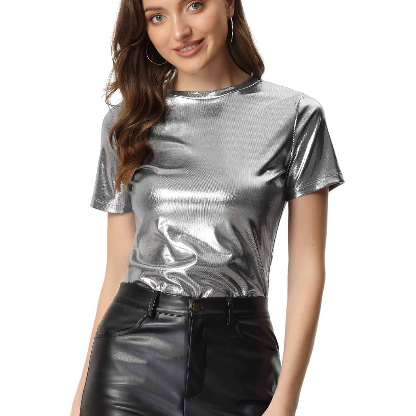 Camiseta holográfica brillante para mujer, mezcla de dacrón y licra, cuello redondo, largo normal, color liso, tela tejida, para verano, estilo sexy