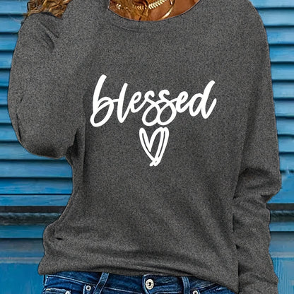 Women'S "Blessed" Heart Applique Long Sleeve Sweatshirt, Regular Fit