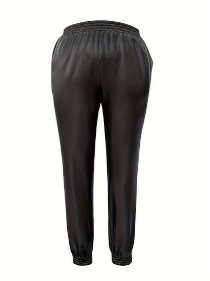 Elegant Plus Size Solid PU Leather Fitted Bottom Pants with Elastic Waist and Pockets