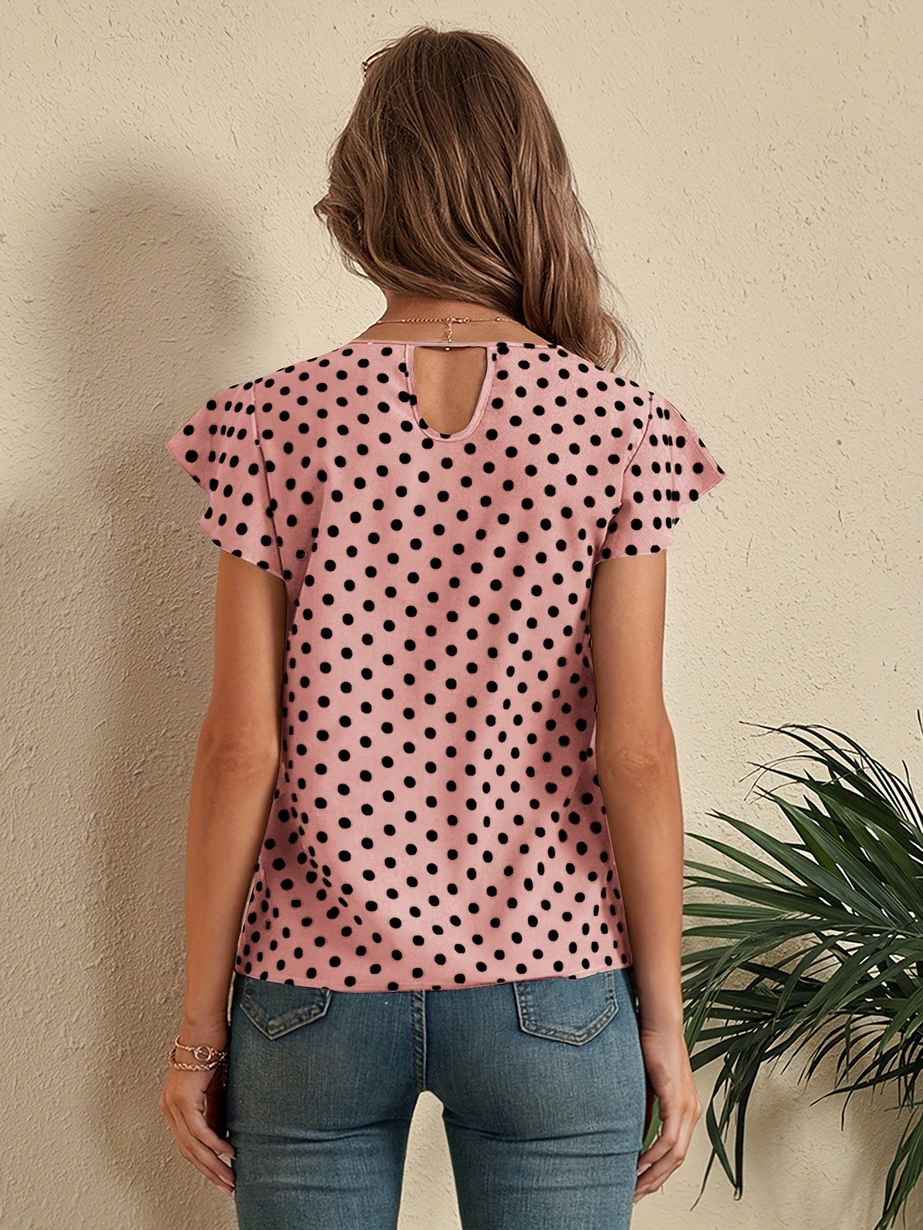 Delicate Pin-Dot Print Flutter Sleeve Blouse - Lightweight & Feminine Crew Neck Top for Spring & Summer - A Trendy Casual Wardrobe Essential for Women