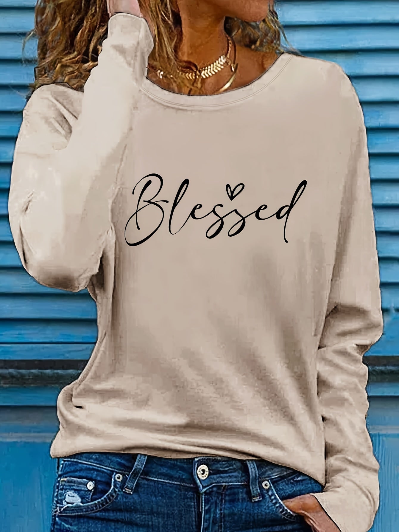 Camiseta de cuello redondo Blessed, camiseta informal de manga larga