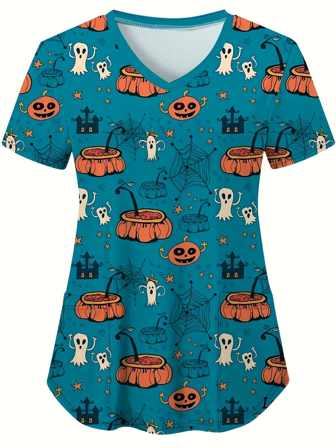 Spooky Ghost Print V-Neck Tee - Women's Comfortable Stretchy T-Shirts for Nurse, Healthcare Professionals - Soft, Breathable, Functional Uniform for Work, Halloween Costume Inspiration