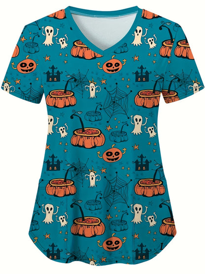 Spooky Ghost Print V-Neck Tee - Women's Comfortable Stretchy T-Shirts for Nurse, Healthcare Professionals - Soft, Breathable, Functional Uniform for Work, Halloween Costume Inspiration