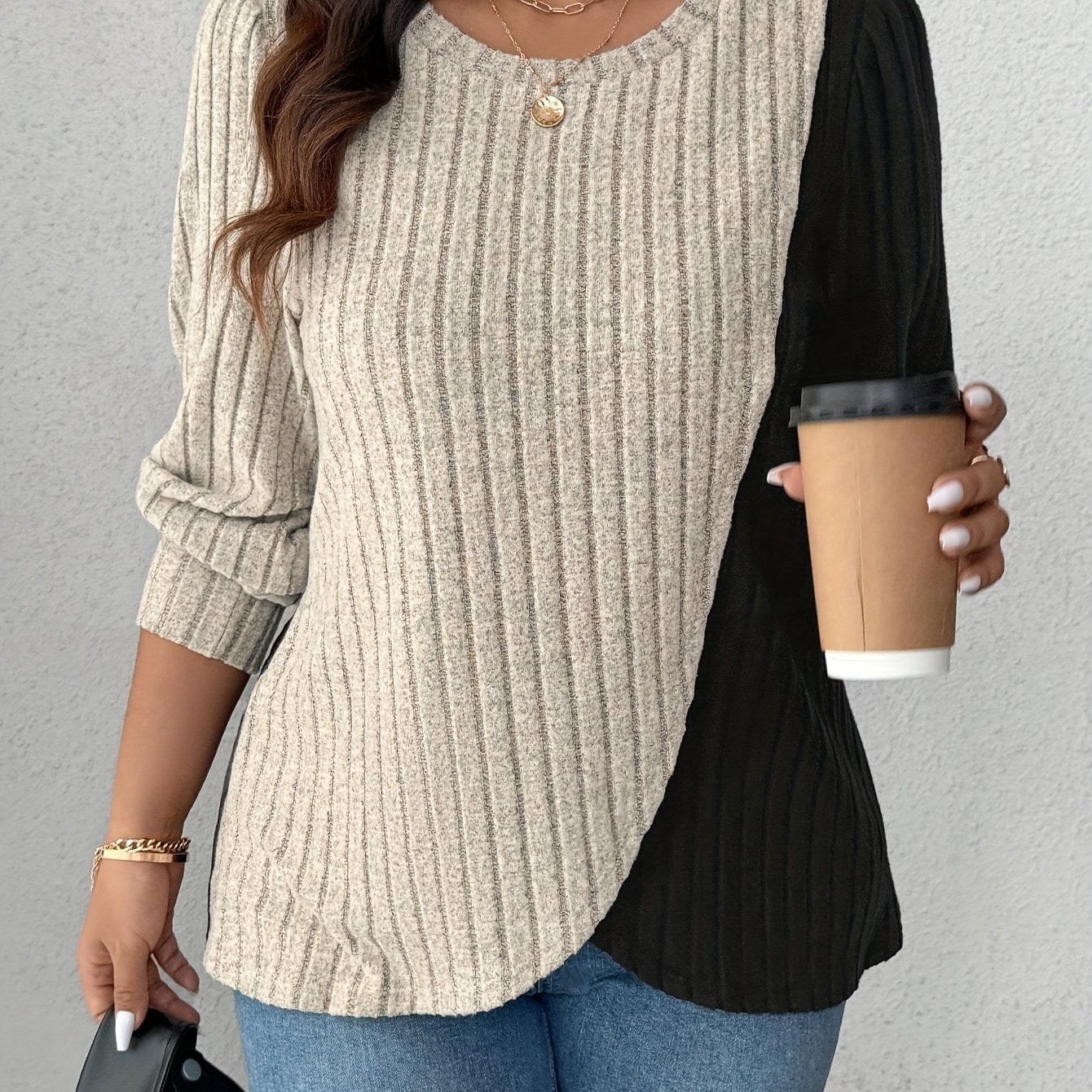 Plus Size Elegant Ribbed Knit T-Shirt - Stretchy & Soft, Long Sleeve with Asymmetrical Hem, Round Neck, Beige & Black Patchwork