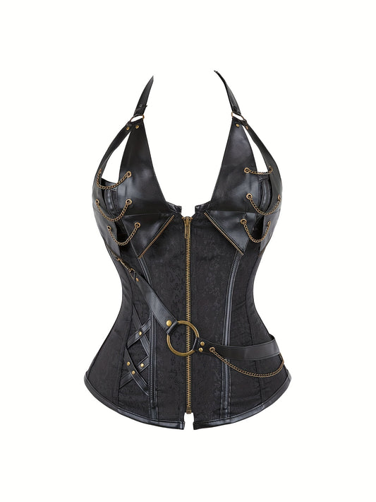 Gothic Steampunk Corset for Women, Faux Leather Queen Costume with Steel Boning, Metallic Punk Waist Cincher, Performance & Court Shaping Outfit For Fall & Winter