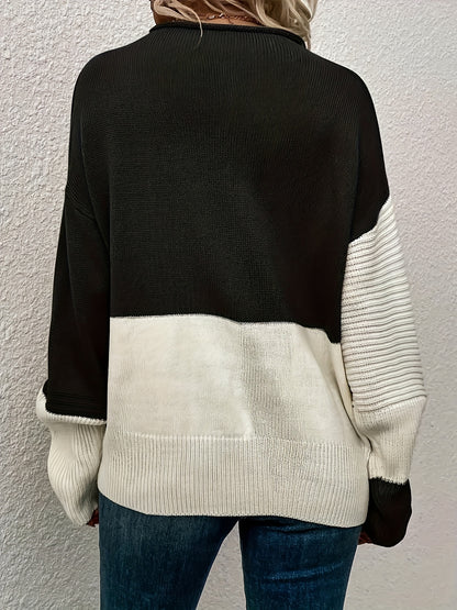 Chic Plus Size Color Block Knit Pullover - Comfortable & Easy-Care Stretchy Boat Neck Sweater