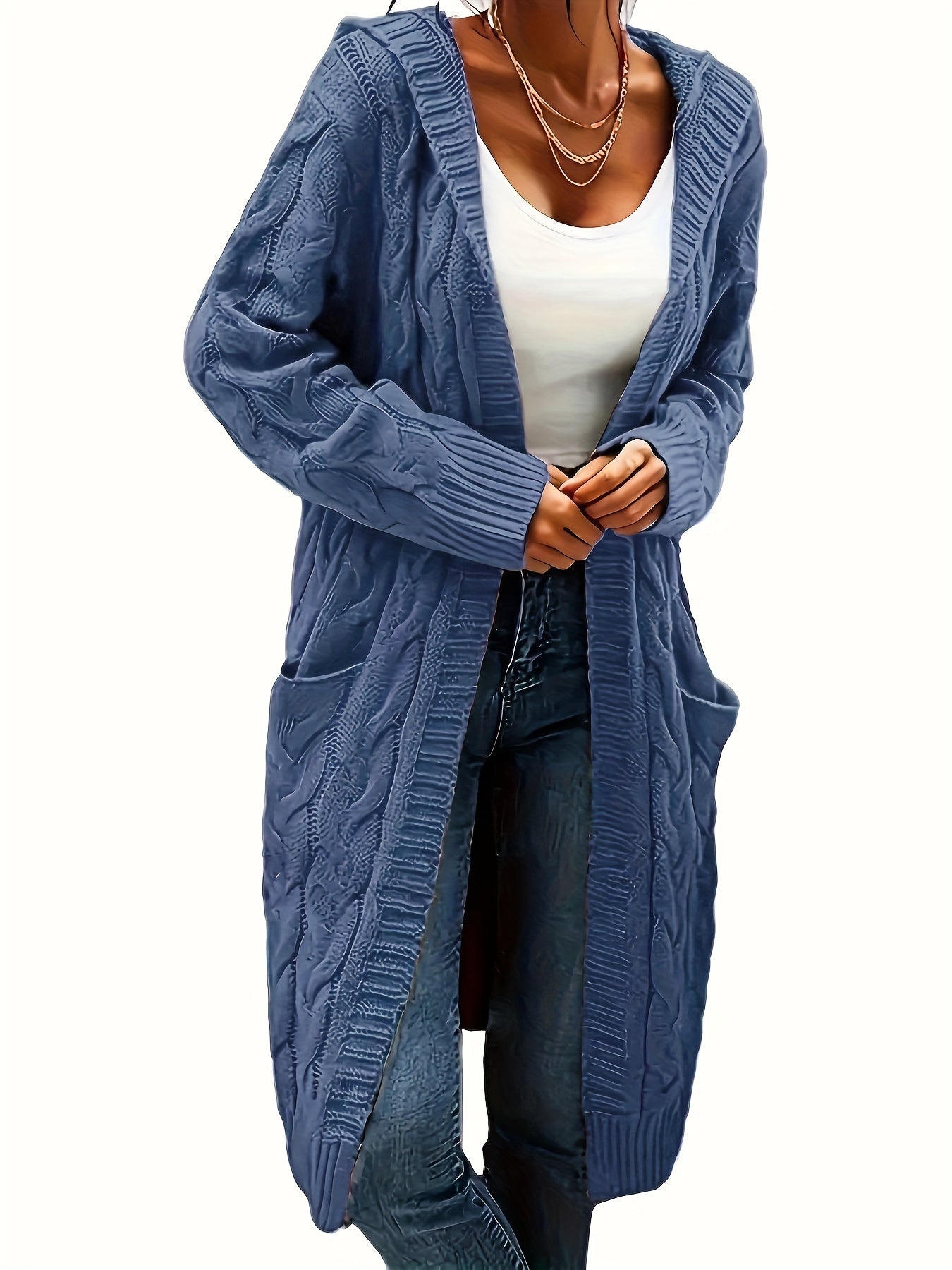 Plus Size Cozy Cardigan - Women's Solid Cable Long Sleeve Open Front Hooded Cardigan with Pockets for Casual Daily Wear