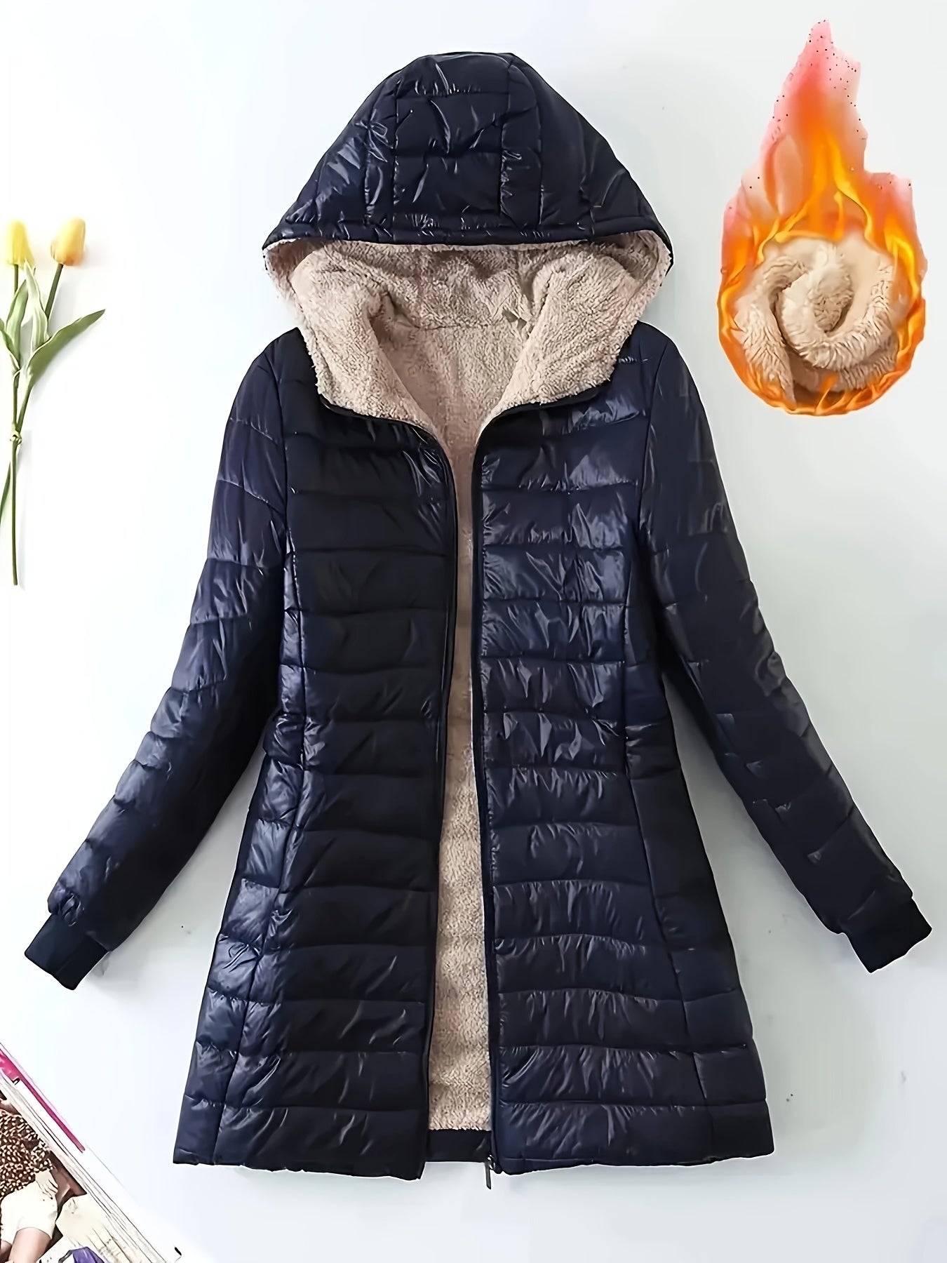 Zip-up Puffy Hoodie Coat, Casual Thermal Long Sleeve Coat For Fall & Winter, Women's Clothing