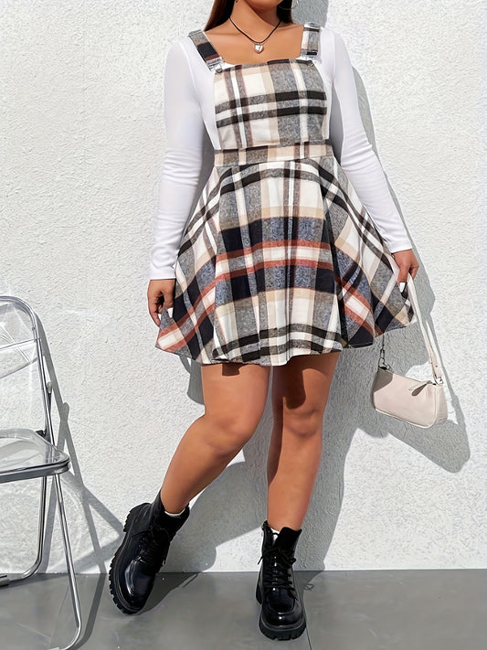 Stylish Plus Size Plaid Overall Dress - Women's Plus Size Clothing for Spring & Fall - Casual, Comfortable, and Versatile Dress for Curvy Women