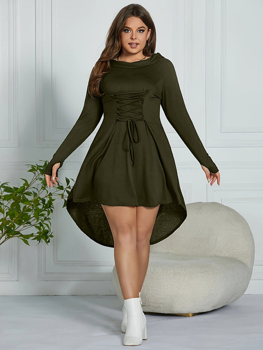 Plus Size Lace Up Dress, Solid Hooded Long Sleeve Dress For Spring, Women's Plus Size Clothing